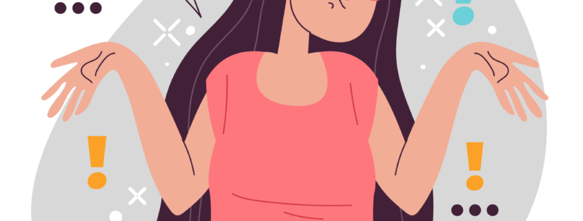 Kobieta nie wie co zrobić, rozkłada ręce, zastanawia się i zamyśla